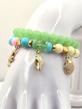 Colorful Beaded Charm Bracelet Set With Starfish & Shell Pendants